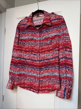 Like New Tory Burch KnitLook Print Button Front Red White Blue Preppy Blouse